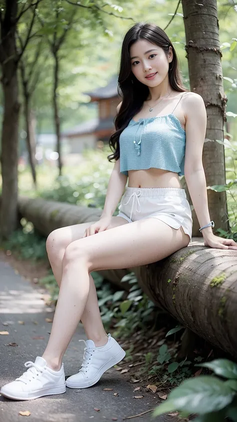 masterpiece, best quality, Surreal, Ultra Detailed, 8k resolution, RAW photos, Clear focus, (A girl in the forest),Asian woman in a blue top and white shorts posing for a photo, Full body posture, Solitary, Perfect body, Become a, 32 inches in the chest,(a...