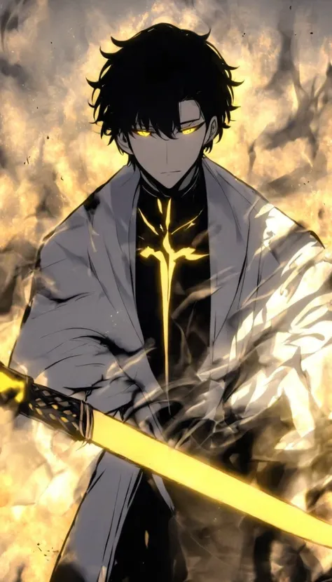 Handsome, alone, male, Short hair, Calm head, black hair, yellow eyes, black shirt, black pants, white coat, white flame, holding a katana in one hand, Holding a sword, The blade glows yellow and white