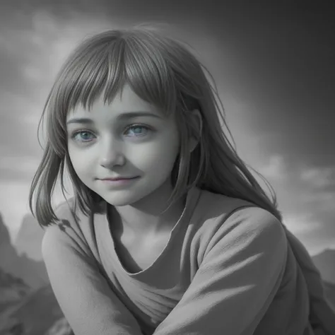 Nausicaä, Valley of the Wind, monochrome, greyscale, a detailed portrait of a single girl, gazing at the viewer with a melancholic smile, captured from the upper body.