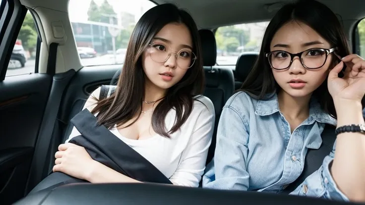 Indonesian girl 20-year-old  Hairstyle Casual, F Cup Breasts with glasses  wearing  casual uptown in car and driving this car with her friend, they are screaming because 
in front of their car there were thugs blocking it