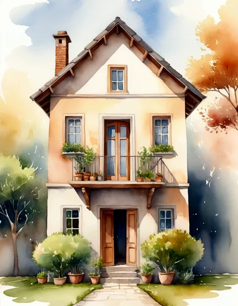 A soft and light illustration of a house with open doors and people inside, symbolizing welcome and community. Watercolor Illustration style