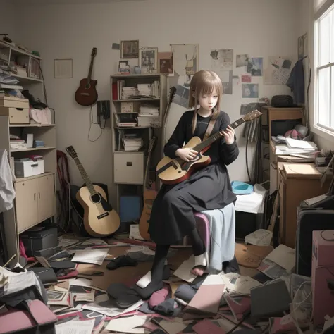 A solitary girl named Bocchi is in a cluttered room, strumming her guitar alone.