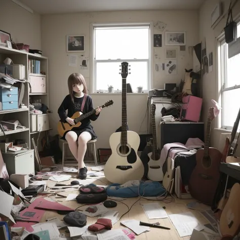 A solitary girl named Bocchi is in a cluttered room, strumming her guitar alone.