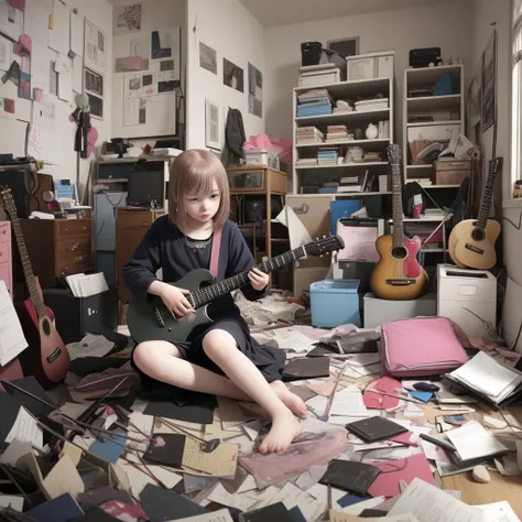 A solitary girl named Bocchi is in a cluttered room, strumming her guitar alone.