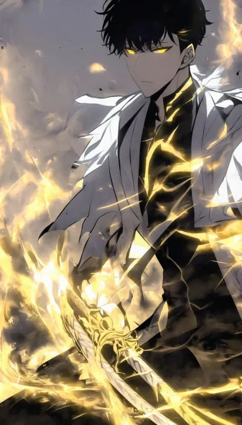 Handsome, alone, male, Short hair, Calm head, black hair, yellow eyes, black shirt, black pants, white coat, white flame, holding a katana in one hand, holding a sword in hand, The blade glows yellow and white