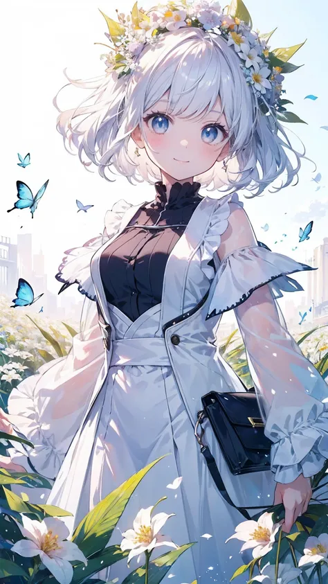 (masterpiece、highest quality) 、 anime girl with blue eyes and white hair, in a field with a lot of butterfly、Adorable smile、looking at the camera、put flowers and leaves on your head、digitalis, best anime 4k konachan wallpaper, top rated on pixiv