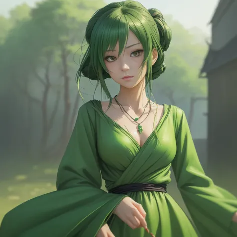 a close up of a woman with a green dress and a necklace, artwork in the style of guweiz, realistic anime 3 d style, beautiful anime portrait, anime realism style, detailed portrait of anime girl, beautiful character painting, by Yang J, stunning anime face...