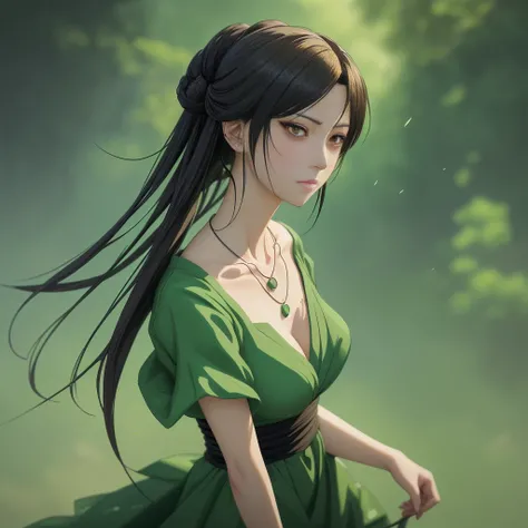 a close up of a woman with a green dress and a necklace, artwork in the style of guweiz, realistic anime 3 d style, beautiful anime portrait, anime realism style, detailed portrait of anime girl, beautiful character painting, by Yang J, stunning anime face...