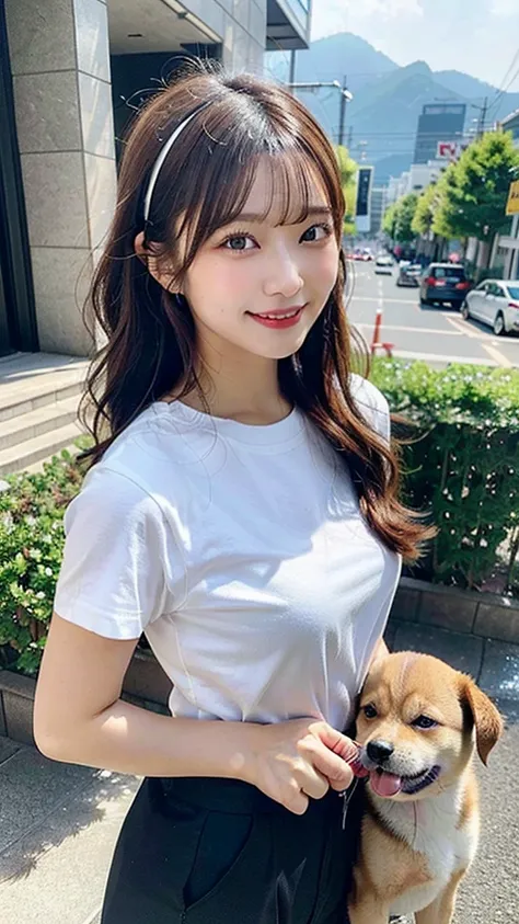 Flowing with crystal clear water,Beautiful mountains in the background々,(Girl taking a walk with a puppy:1.3),(Shiba Inu:1.3),Have a lead,Very Big White T-Shirt,cargo pants, Smiling Kindly、(Beautiful girls)、(Short reddish brown hair、hairpin、ponytail、Floati...