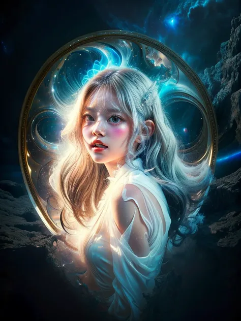 4K Ultra HD, masterpiece, A girl with a magical aura, Nice face, Long Hair, Shiny Hair, Fine grain, Glossy lips, Nude 1.5, Aura around the body, Magical Effects, Spreading white light, Cosmic elements and ethereal atmosphere, A mix of bright lights and col...