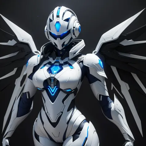 Dronificated unknown woman in a fully enclosed white latex fullbody suit with blue lights across the suit and star shaped glowing core in the chest, fully enclosed cyber helmet that cover her whole face and hides her identity with a blue screen that has a ...