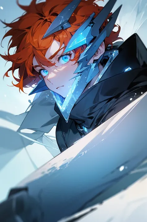 Pale boy with Glowing blue eyes, short curly orange hair, male, intimidating, anime style, 4k image, close up , wrapped around in ice, wearing futuristic viking outfit, ethereal, snowy forest background
