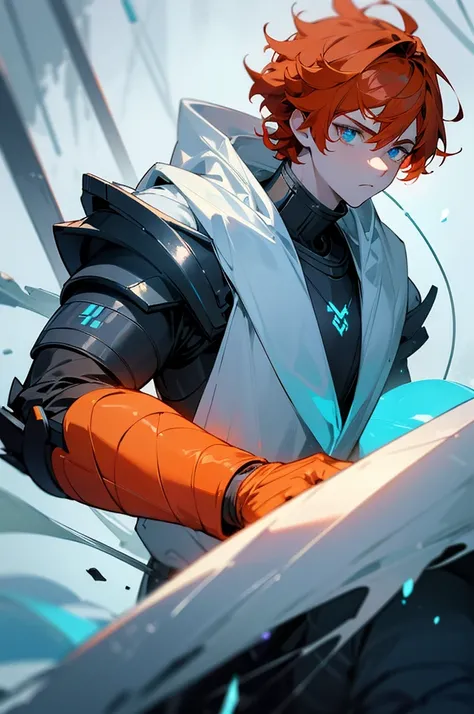 Pale boy with Glowing blue eyes, short curly orange hair, male, intimidating, anime style, 4k image, close up , wrapped around in ice, wearing futuristic viking outfit, ethereal, snowy forest background
