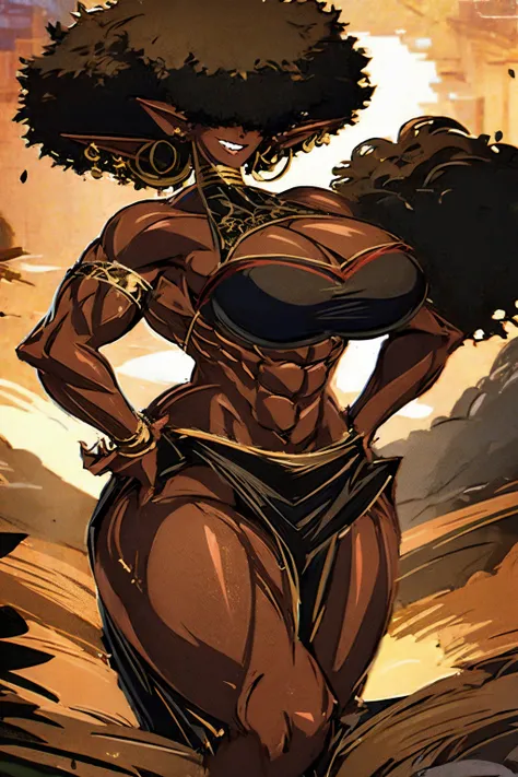 (masterpiece, best quality:1.2),1 girl, voluptuous body, full body, masterpiece, dominant pose, good anatomy, no extra limbs, big ass, thick thighs, black hair, voluminous afro, pointy ears, gold earrings, black top with red details, black skirt with red d...