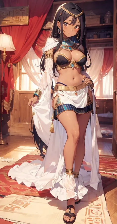 a woman in a traditional egyptian outfit and blue jewelry standing on room , 2girl, jewelry, solo, dark-skinned female, navel, dark skin, long hair, armlet, hand on hip, earrings, midriff, black hair, bracelet, breasts, skirt , smile
