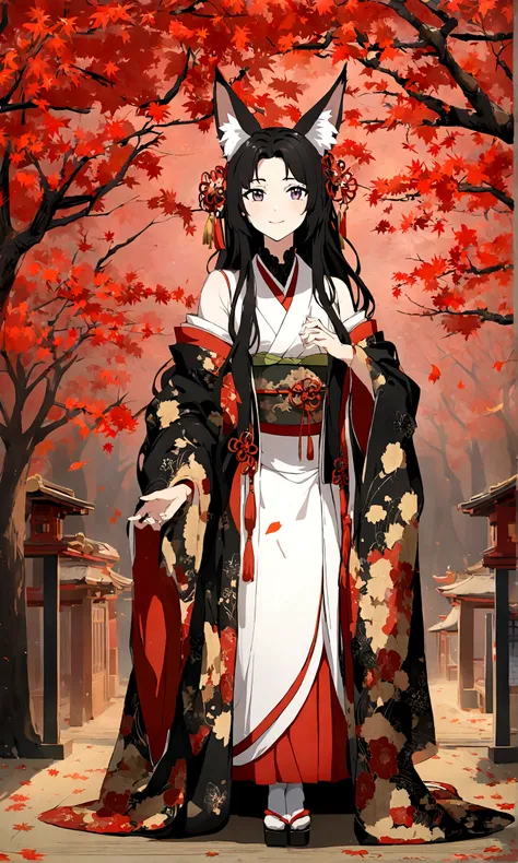 （Fox ears），Mature and elegant，身穿kimono的女性、Long hair，（kimono，White tabi and geta），shrine，Shrine maiden，Gentle smile，美丽的shrine风景，Autumn,maple，Anime Background，Japanese art style,, 8K，fallen leaves