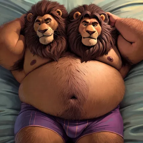 solo, two headed lion, (((both heads making eye contact))), beards, masculine, lion ears, necks, (eyes), adult, male, 50 years old, (stylized 3d, by disney, by rembrandt, by pixar, by dramamine), ugly, (overweight, fat, obese, big belly), solid gray backgr...