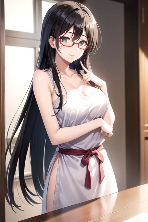 naked apron, chisato tsuyagawa, 1 girl, solitary, glasses, 绿eye, long hair,silky skin, full hand, whole body, whole body图片,cleve...