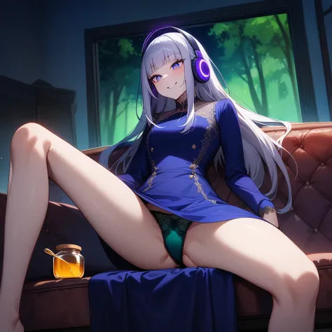 (masterpiece),(best quality),very aesthetic,(ultra-detailed),(illustration),(degenerate),very aesthetic,nsfw,1girl,16yo,slender,long hair,silver hair,straight hair,(blunt bangs),dark blue alluring eyes,comfortable,(Purple shining headphones,listening to mu...