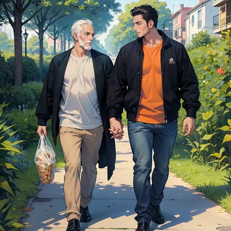 A father and a  walking in a park in the day, obra maestra, la mejor calidad, anatomically correct, estilo anime, super detallado, altamente detallado