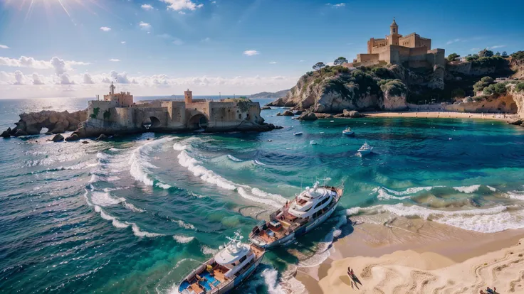 (Castell de Eivissa beach in Ibiza, Spain, background with water, yachts, boats, detailed architecture, people, vibrant atmosphere), (best quality,4k,8k,16k,Highest,masterpiece:1.2),(realistic,photorealistic,photo-realistic:1.37), (extremely detailed CG un...