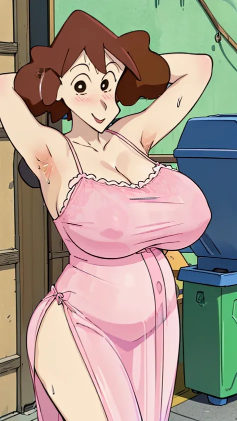 Misae Nohara, (Auntie:1.5), (Mature Woman:1.5), (absurderes, 8K, 4K, masutepiece, hyper extreme detailed:1.2), Best Quality, Perfect Anatomy,Perfect face,High humidity, (Huge breasts:1.7), (A sheer pink nightgown:1.5), (Wet:1.4), Sitting on the floor, (All...