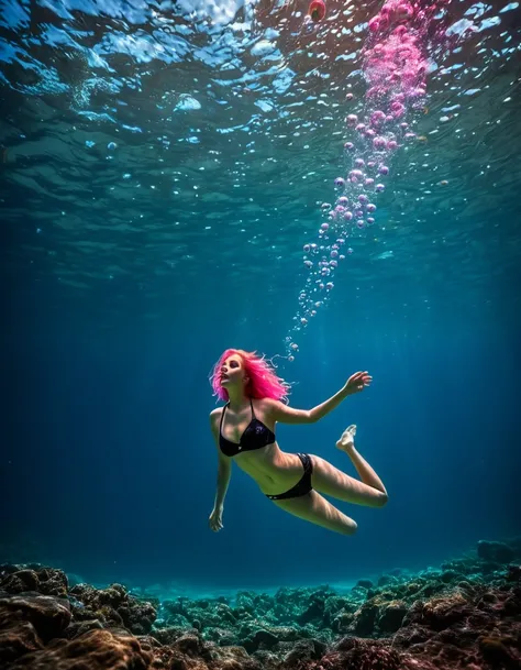 beautiful woman with long pink hair, in a balck bikini swimming under water, swimming underwater, Swimming underwater, swimming underwater, underwater light rays, subaquatic photography, floating underwater in a lake,water bubbles, floating under the water...