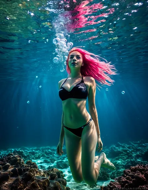 beautiful woman with long pink hair, in a balck bikini swimming under water, swimming underwater, Swimming underwater, swimming underwater, underwater light rays, subaquatic photography, floating underwater in a lake,water bubbles, floating under the water...