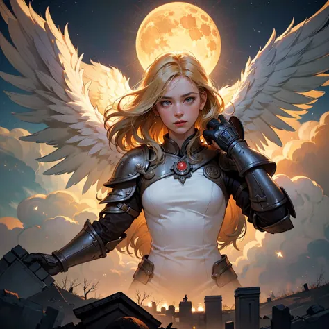 16K, ultra detailed, masterpiece, best quality, (extremely detailed), arafed, dnd art, portrait, full body, aasimar, female, (Masterpiece 1.3, intense details), female, paladin, holy warrior fighting undead (Masterpiece 1.3, intense details) large angelic ...