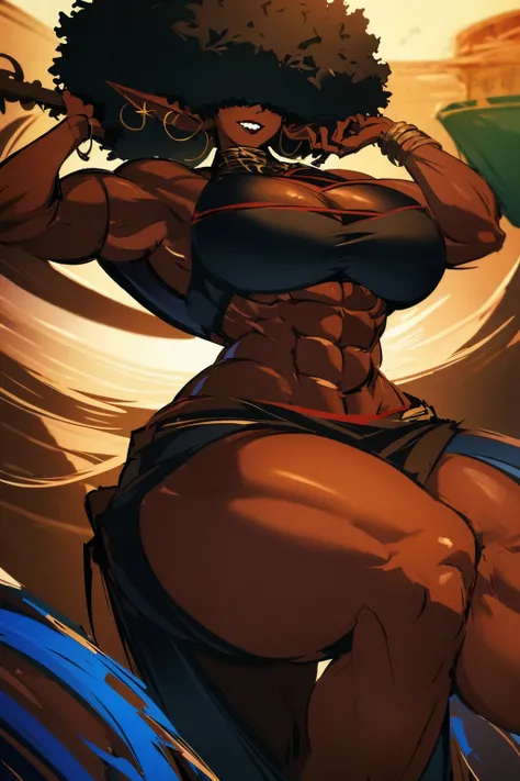 (masterpiece, best quality:1.2),1 girl, voluptuous body, full body, masterpiece, dominant pose, good anatomy, no extra limbs, big ass, thick thighs, black hair, voluminous afro, pointy ears, gold earrings, black top with red details, black skirt with red d...