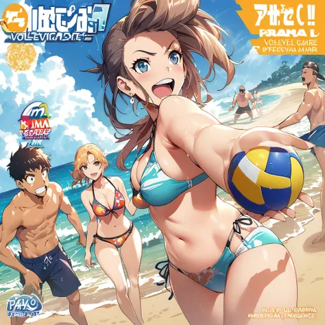 manga cover, boys and girls, manga style, praia, bikinis, se divertindo no mar, perspectiva de baixo, voleyball na praia, um polvo gigante aparece no mar