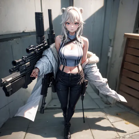 solo、full-body portraits、sleeveless、White-colored skin，Large Breasts,Sniper rifle，Magnum