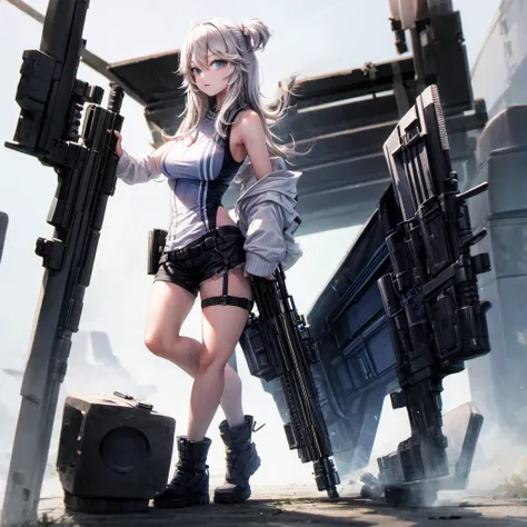 solo、full-body portraits、sleeveless、White-colored skin，Large Breasts,Sniper rifle，Magnum