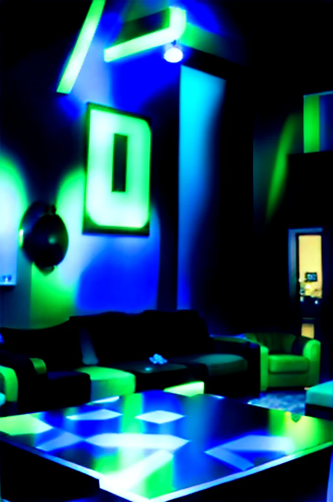 Generate a cool 3D background of living room, and write Sadique Masood with neon lights. Make sure the spelling is not misspelled. The background should have a desk and computer and also add a plant in the background. make it realistic. generate in 9:16