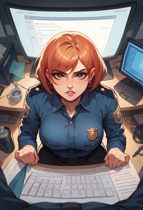 

Prompt : (POV). The beautiful (thailand) police woman with (bob hair), wear (black) uniform shirt, big , focus typing keyboard before monitor while sit in the office, surrounded by some officers