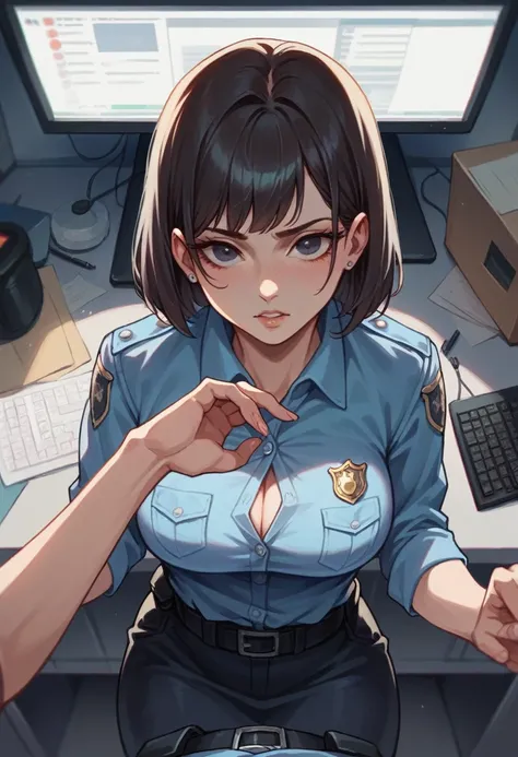 

Prompt : (POV). The beautiful (thailand) police woman with (bob hair), wear (black) uniform shirt, big , focus typing keyboard before monitor while sit in the office, surrounded by some officers