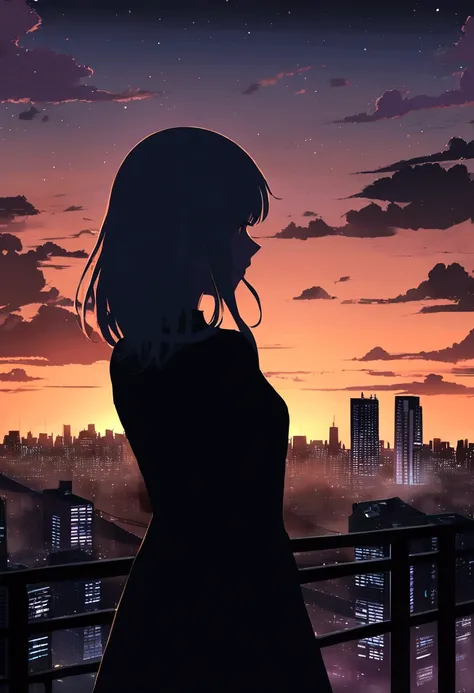 anime,silhouette,One girl, star (null), cloud, cityscape, building, city, Outdoor, nullscraper, city lights, night, night null, sunset, nullline