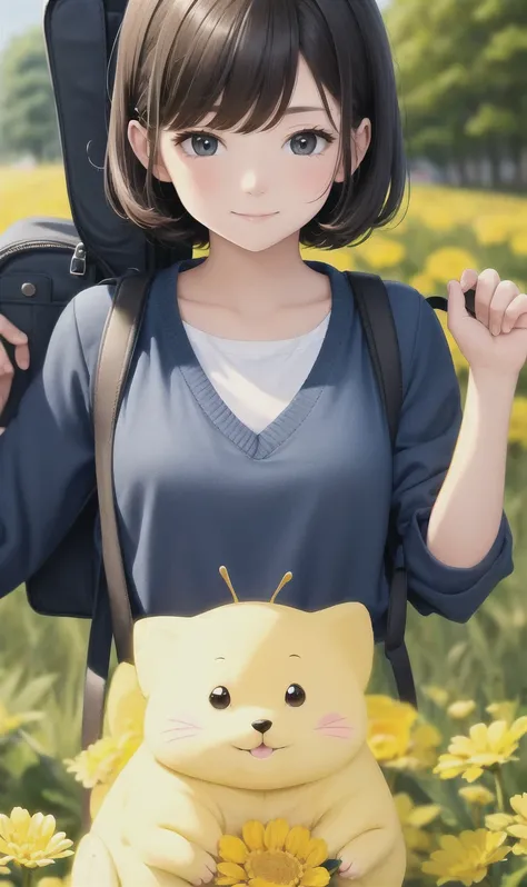 An incredibly charming  carrying a backpack, accompanied by her adorable puppy, enjoying a lovely spring outing surrounded by beautiful yellow flowers and natural scenery. The illustration is in high definition at 4k resolution, with highly-detailed facial...