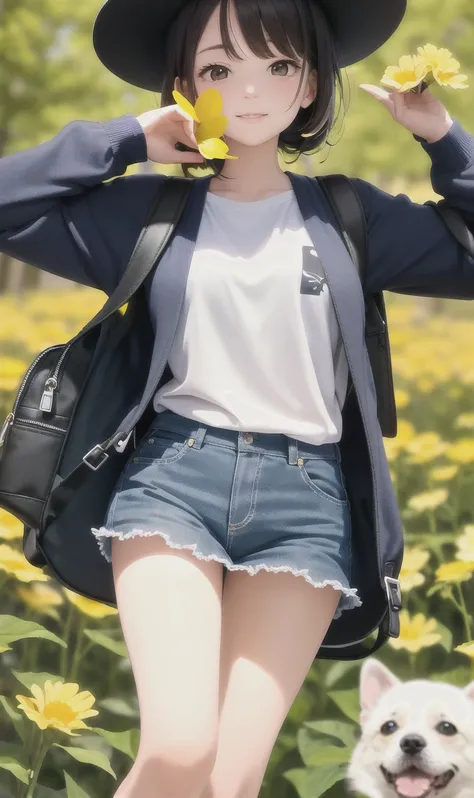 An incredibly charming  carrying a backpack, accompanied by her adorable puppy, enjoying a lovely spring outing surrounded by beautiful yellow flowers and natural scenery. The illustration is in high definition at 4k resolution, with highly-detailed facial...