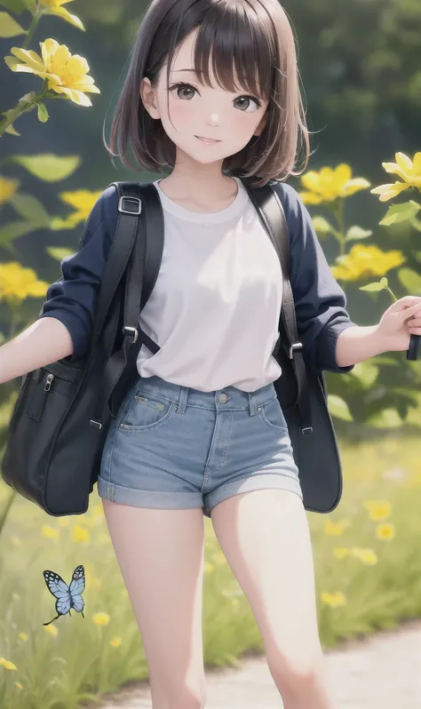 An incredibly charming  carrying a backpack, accompanied by her adorable puppy, enjoying a lovely spring outing surrounded by beautiful yellow flowers and natural scenery. The illustration is in high definition at 4k resolution, with highly-detailed facial...