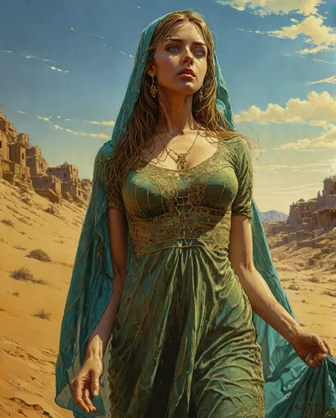 1gril, sexy, seductive, medium breast, long hair, blue eyes, sky green arabian dress with light golden embroidery, hair clips, face veil, earrings, hands bracelete, necklace, waist bracelet,standing in the desert, sand dunes background, best quality, reali...