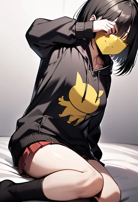 edgy girl, black hoodie, black hair, bob cut, red miniskirt, high socks, black mask covering her face with a yellow smile on it. Amazing quality