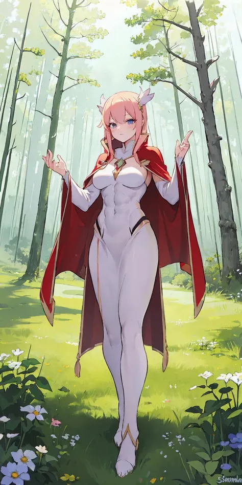 full body toe to head, masterpiece, 1soloMILF BIMBO standing pose long cape, strong body, abs, shiny skin (masterpiece, best quality) 1girlsolo (the empress:1.15) (red cape) curtain, armored dress, queen dress, aurora (sunshine, sky, river, forest)