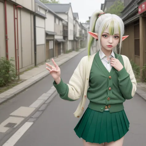 masterpiece , best quality,nahida(genshin impact) ,1girl , small breast,long hair ,side ponytail, hair ornament , white hair , green hair , hand behind head:1.5,multicolored hair, elf , pointy ears ,  , skirt ,cardigan,road , street,looking at the viewers