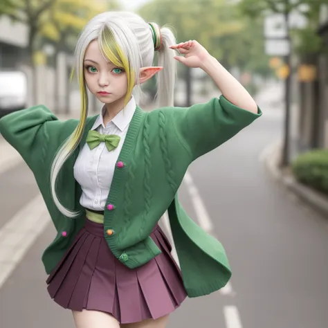 masterpiece , best quality,nahida(genshin impact) ,1girl , small breast,long hair ,side ponytail, hair ornament , white hair , green hair , hand behind head:1.5,multicolored hair, elf , pointy ears ,  , skirt ,cardigan,road , street,looking at the viewers