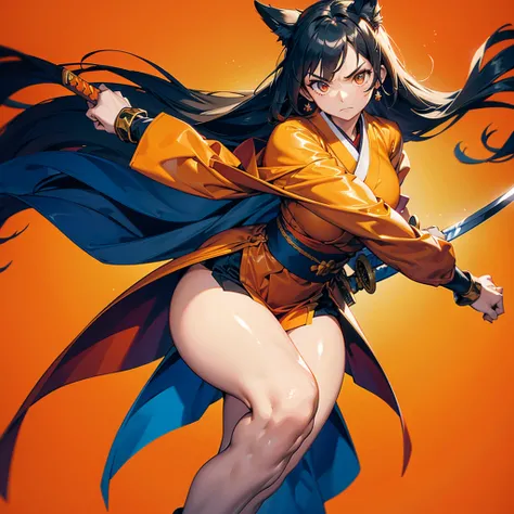 Dynamic composition、((Perspective Lens, Woman with long hair,  Dynamic poses with serious and mean expressions, Two hands brandishing a large, long Japanese sword )) ((Pure Orange Background:1.2)),Anime Style、Detailed eyes、Looks like she&#39;s in her early...