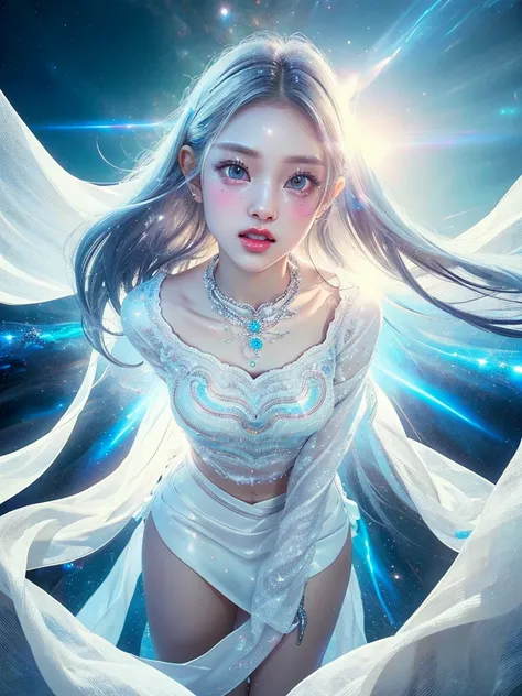 4K Ultra HD, masterpiece, A girl with a magical aura, Nice face, Long Hair, Shiny Hair, Fine grain, Glossy lips, Nude 1.5, Aura around the body, Magical Effects, Spreading white light, Cosmic elements and ethereal atmosphere, A mix of bright lights and col...