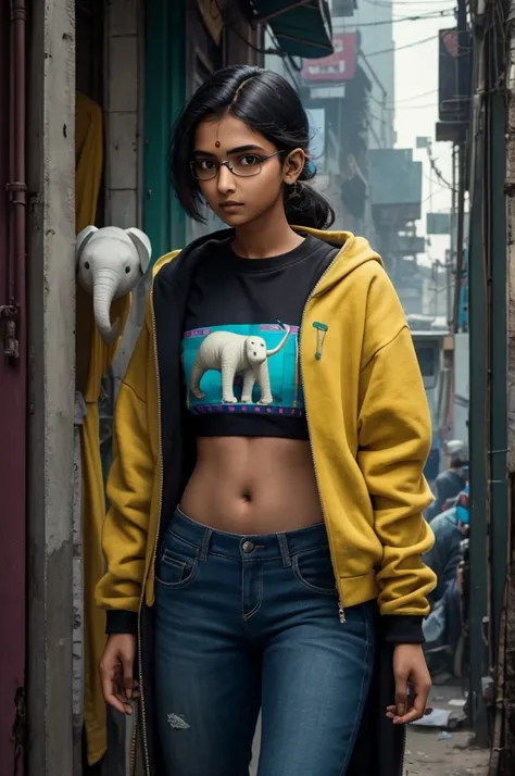 Young indian woman, skinny woman, 14 years old, Thick-framed glasses, bindi, hacker girl, the Matrix style, cyberpunk, sweatshirt, holding a stuffed elephant