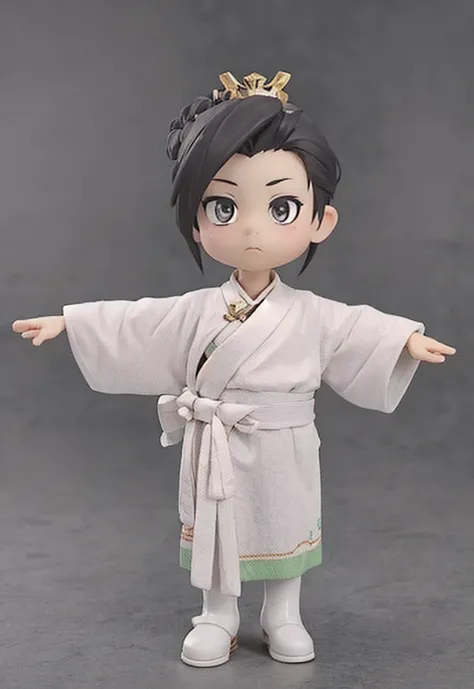 3D render of 1boy, solo, grey background, big head eyes hands and feet, full body, anime, cute, masterpiece, chibi, maplestory, wide eyes, chubby body, high details, black hair, Chinese, white and green robe, white and gold boots, front facing, tpose, outs...