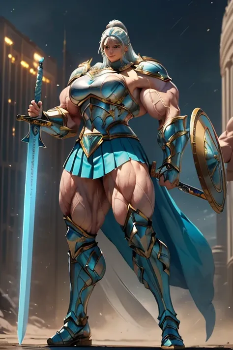 ((((Massive, tall, beautiful, buff, muscular pale white skinned female spartan with cyan hair, ginormous bulky muscles, holding a sword and shield and wearing an all cyan gleaming spartan armor and pleated skirt)))), (close view), black eyeliner, massive m...